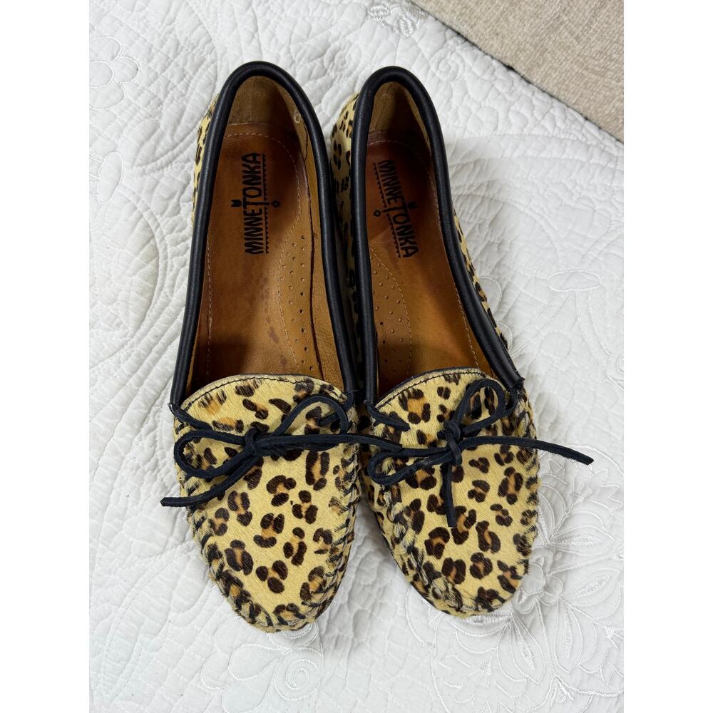 Minnetonka Womens 8.5 Brown Tan Leopard Cow Hair Leather Lined Loafer Shoes Flat - Picture 8 of 11